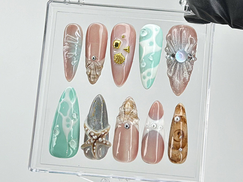 Ocean-Inspired Press On Nails with 3D Starfish, y2k nails, Ocean Nails, Fake Nails, summer