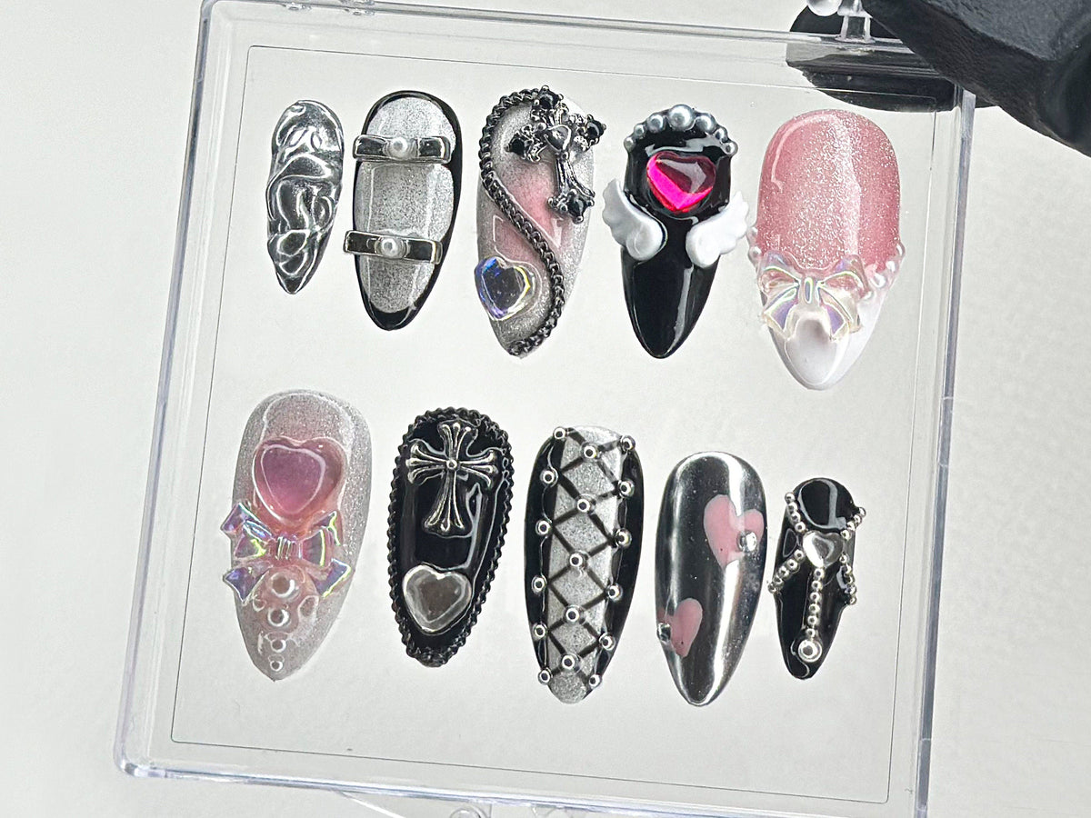 Gothic Glam Press-On Nails with 3D Jewels, Luxury Black & Silver Studded Fake Nails