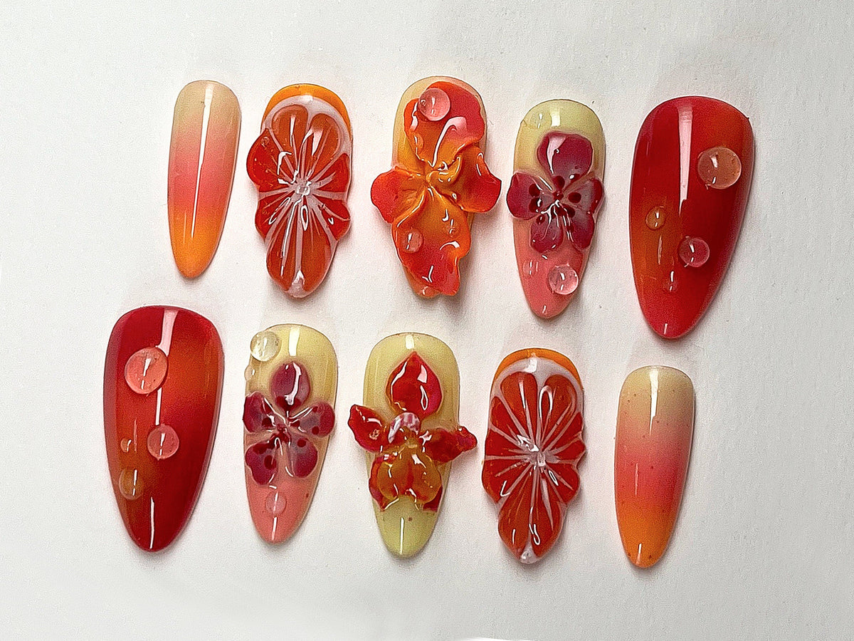 Summer Blossom Press On Nails, Tropical Sunset 3D Gel Floral Ombre Nail Art, Custom