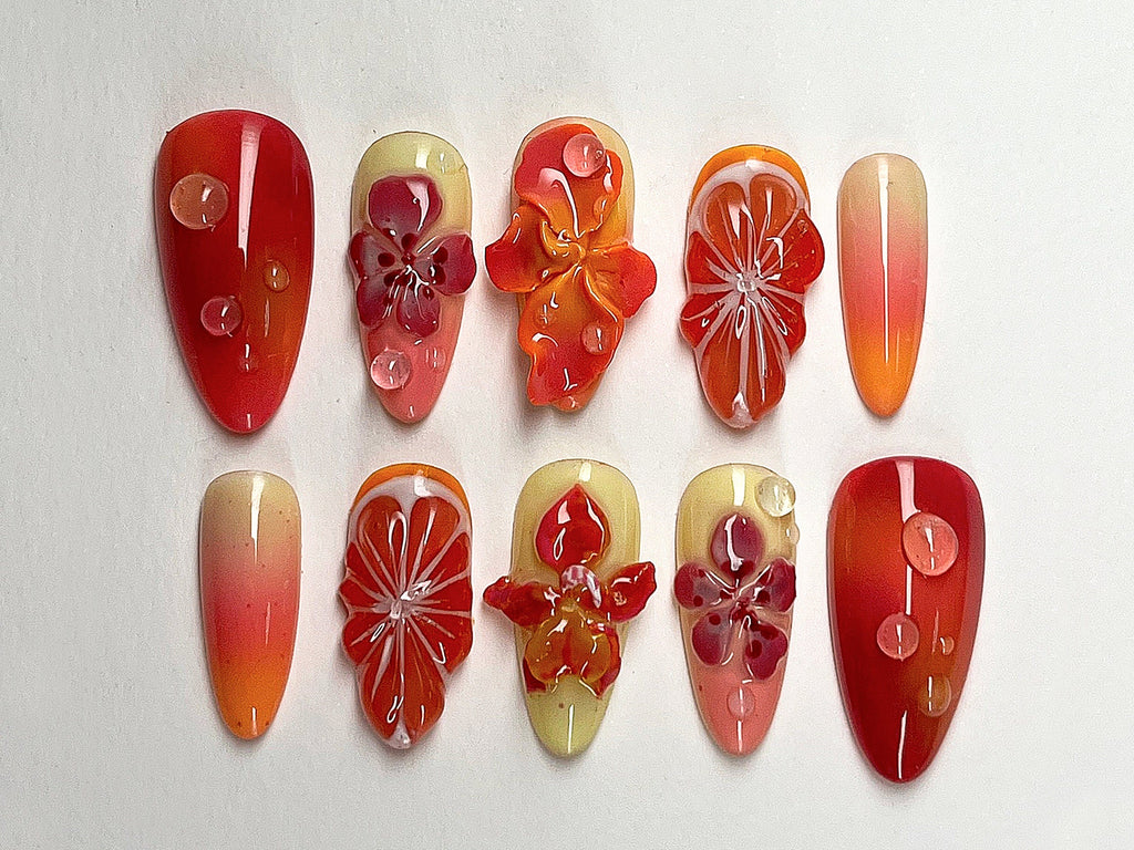 Summer Blossom Press On Nails, Tropical Sunset 3D Gel Floral Ombre Nail Art, Custom