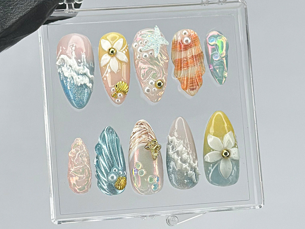 Ocean Dream Press On Nails, Aquatic Elegance Nail Art, Unique Press Ons with Pearl, summer