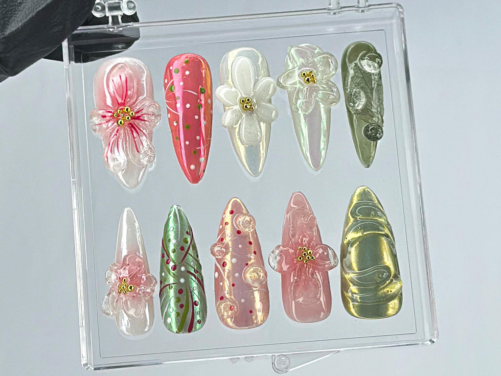 Garden Blossom Press On Nails, Unique Acrylic Press On Nails, Fake Nails, Nature