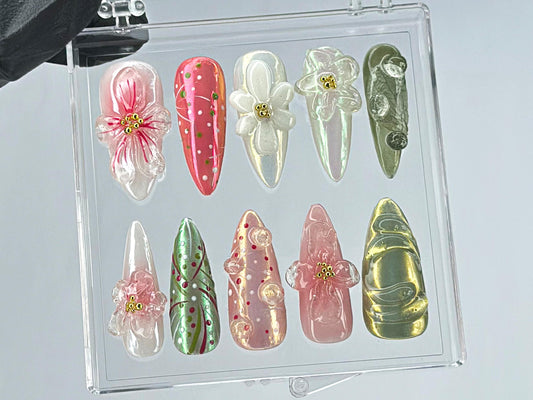 Garden Blossom Press On Nails, Unique Acrylic Press On Nails, Fake Nails, Nature