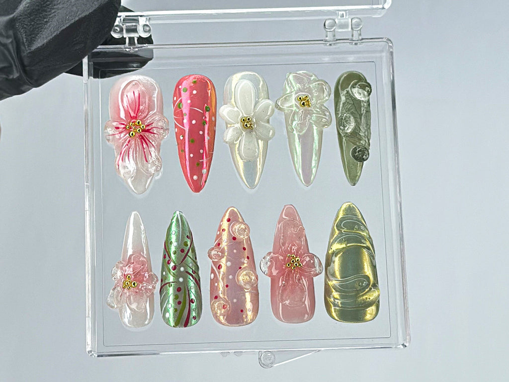 Garden Blossom Press On Nails, Unique Acrylic Press On Nails, Fake Nails, Nature