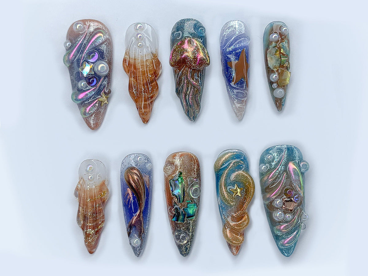 Free Style Chrome Press On Nails, Custom Colorful 3D Metallic Jellyfish Gel Nail Art, Blue