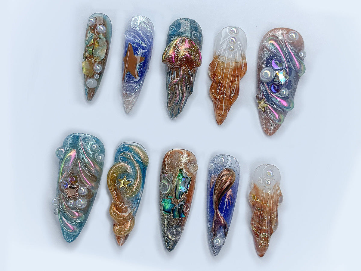 Free Style Chrome Press On Nails, Custom Colorful 3D Metallic Jellyfish Gel Nail Art, Blue