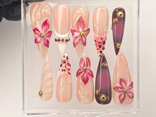 Elegant Floral Gem Press On Nail, Pink Blossom Nail Art, Luxury Flower Acrylic Nails
