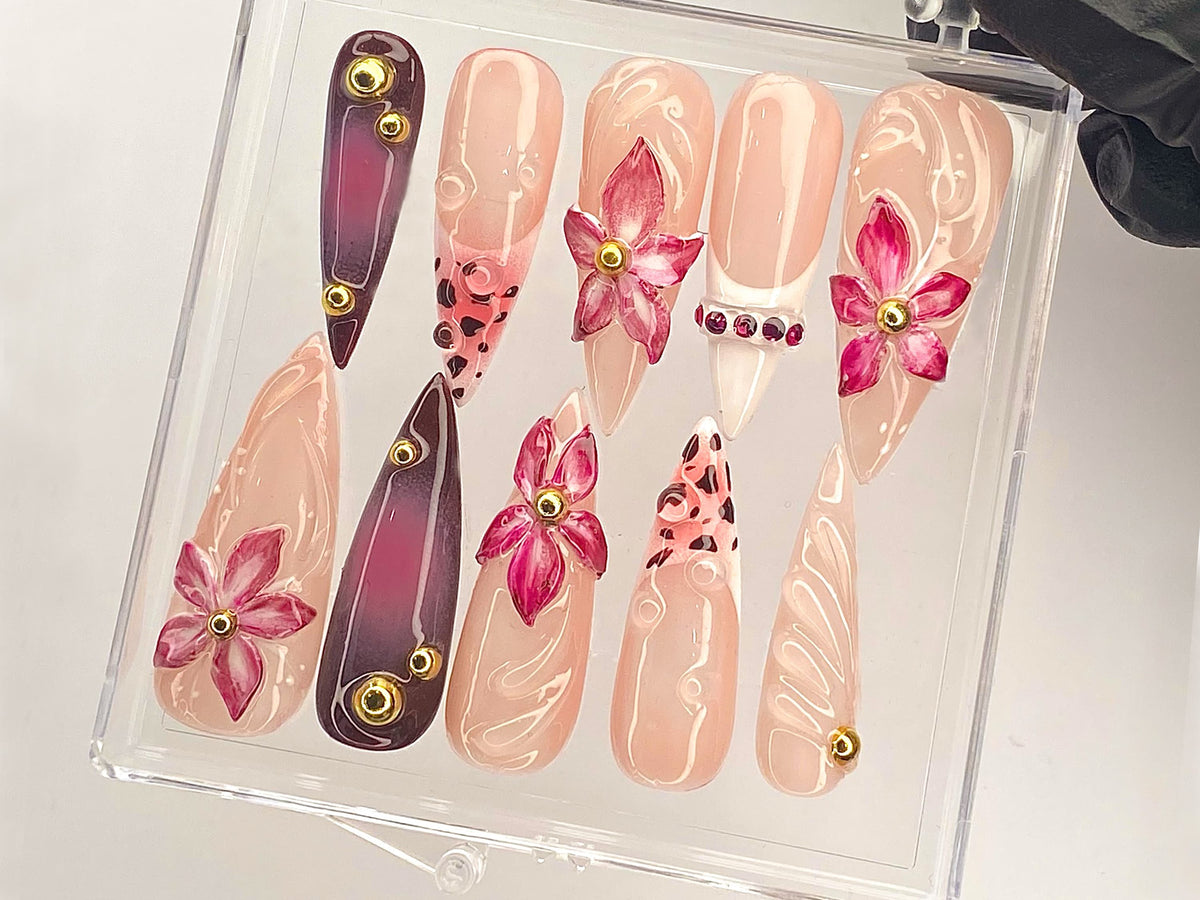 Elegant Floral Gem Press On Nail, Pink Blossom Nail Art, Luxury Flower Acrylic Nails