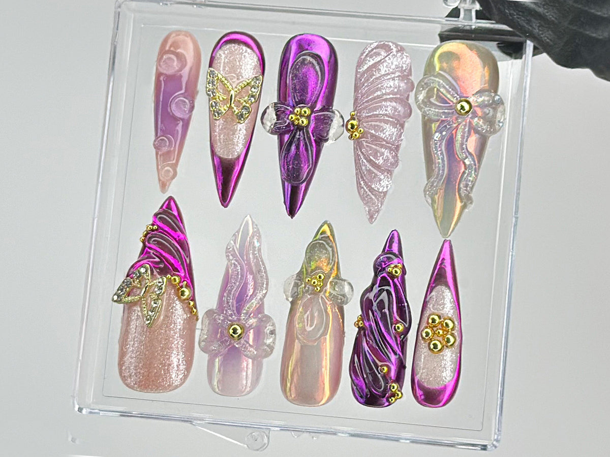 Vibrant Purple Press On Nails, Luxurious Purple Nail Art, Butterfly charms on Fake