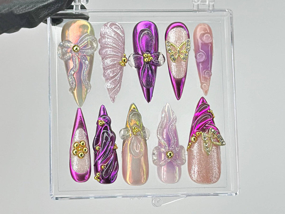 Vibrant Purple Press On Nails, Luxurious Purple Nail Art, Butterfly charms on Fake
