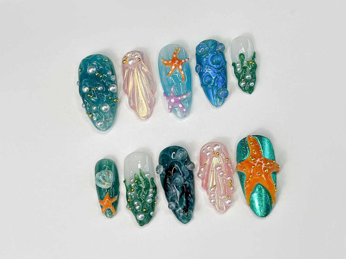 3D Tropical Beach Press On Nails, Ocean-Themed with Seaweed, Seashells, and Starfish
