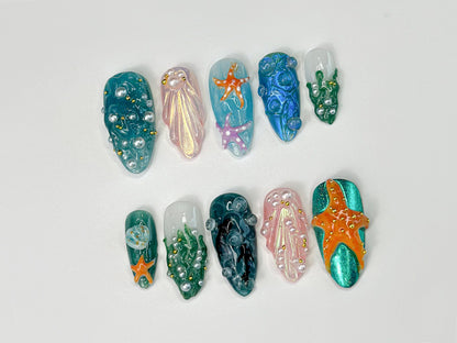 3D Tropical Beach Press On Nails, Ocean-Themed with Seaweed, Seashells, and Starfish