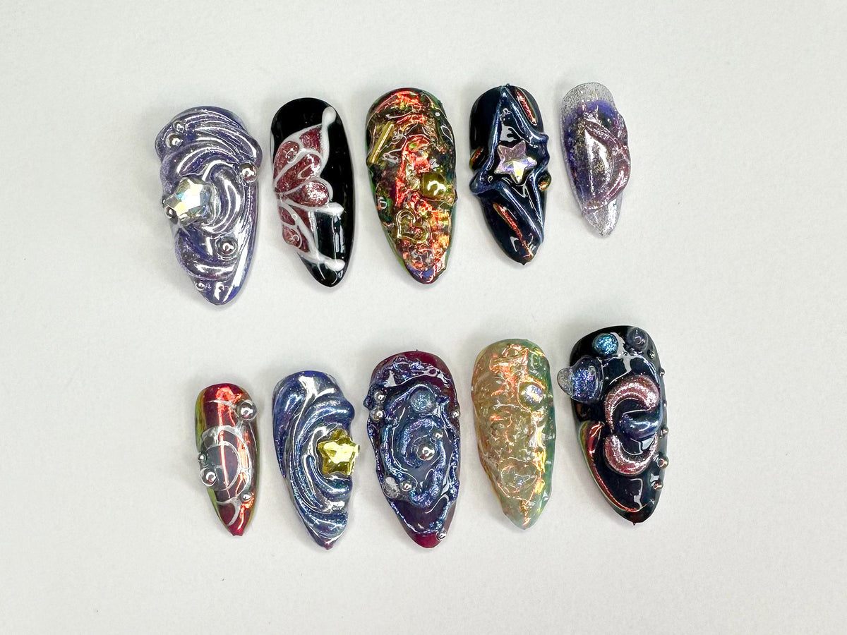 Galactic 3D Press On Nails, Handcrafted Press On Nails with Cosmic and Star Designs