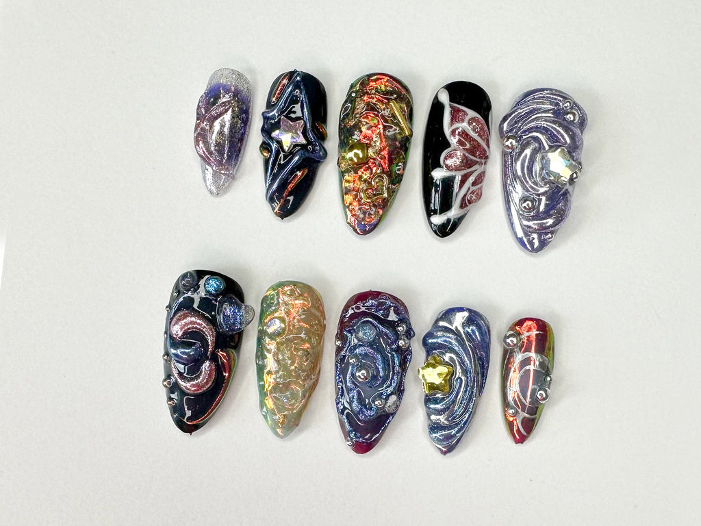 Galactic 3D Press On Nails, Handcrafted Press On Nails with Cosmic and Star Designs
