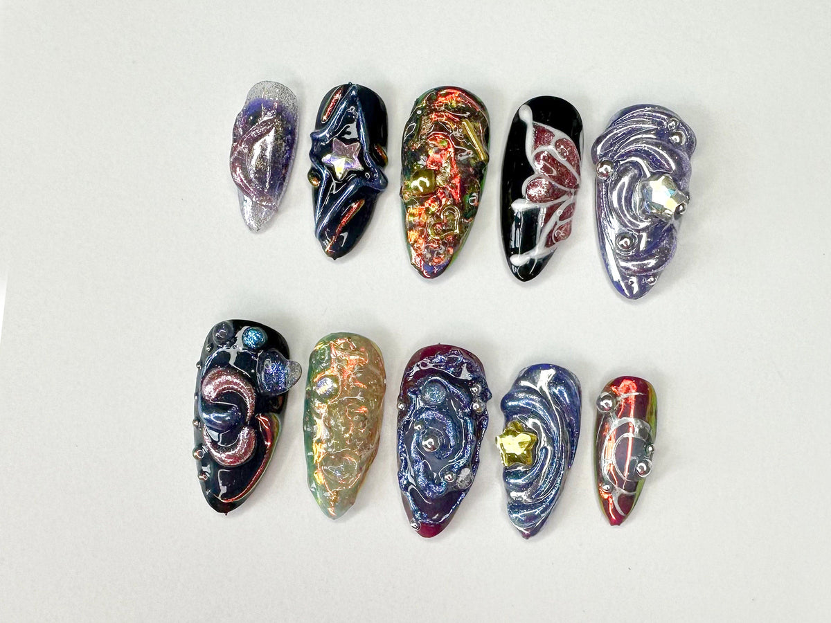 Galactic 3D Press On Nails, Handcrafted Press On Nails with Cosmic and Star Designs