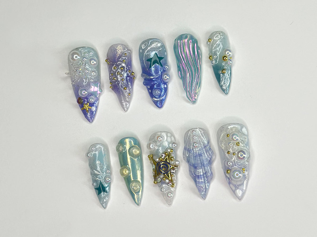 3D Tropical Beach Press On Nails, Ocean-Themed with Seaweed, Seashells, and Starfish