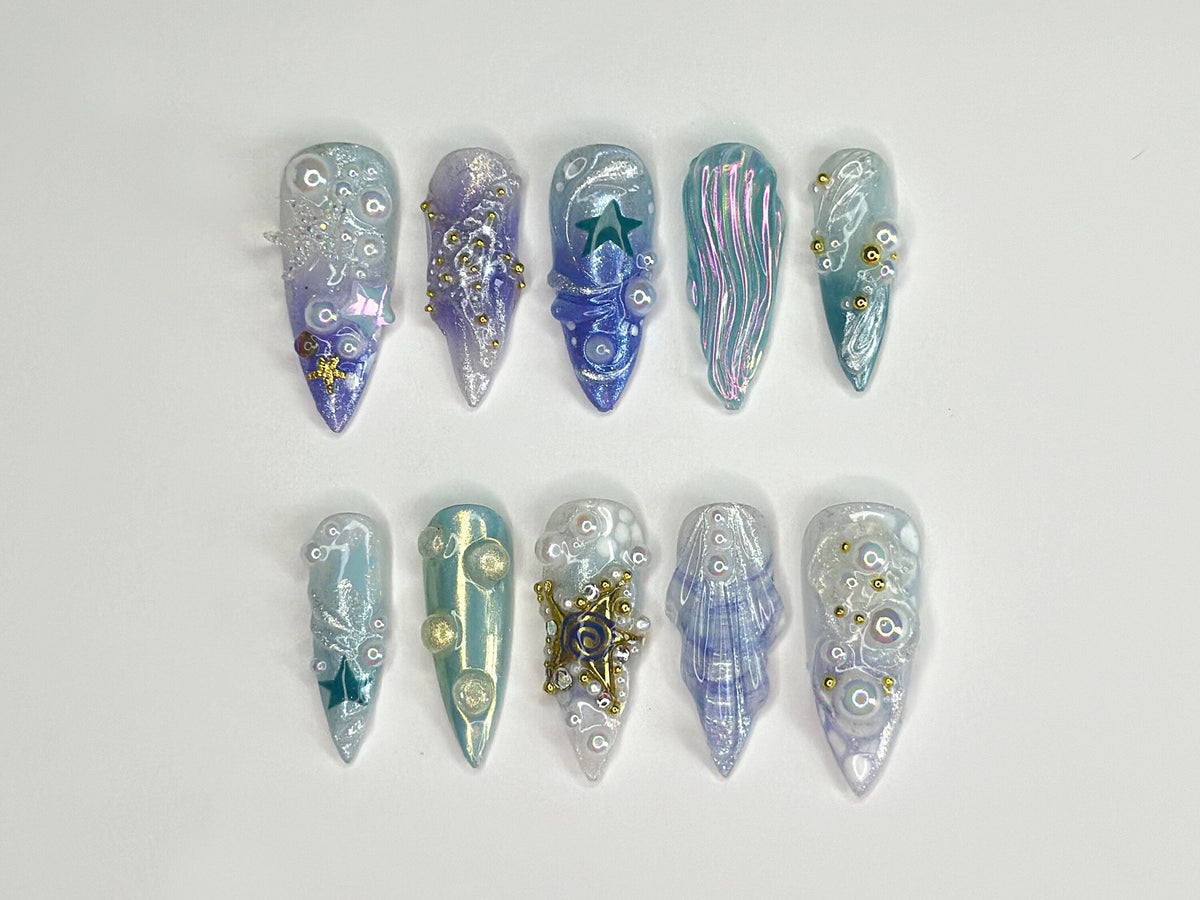 3D Tropical Beach Press On Nails, Ocean-Themed with Seaweed, Seashells, and Starfish