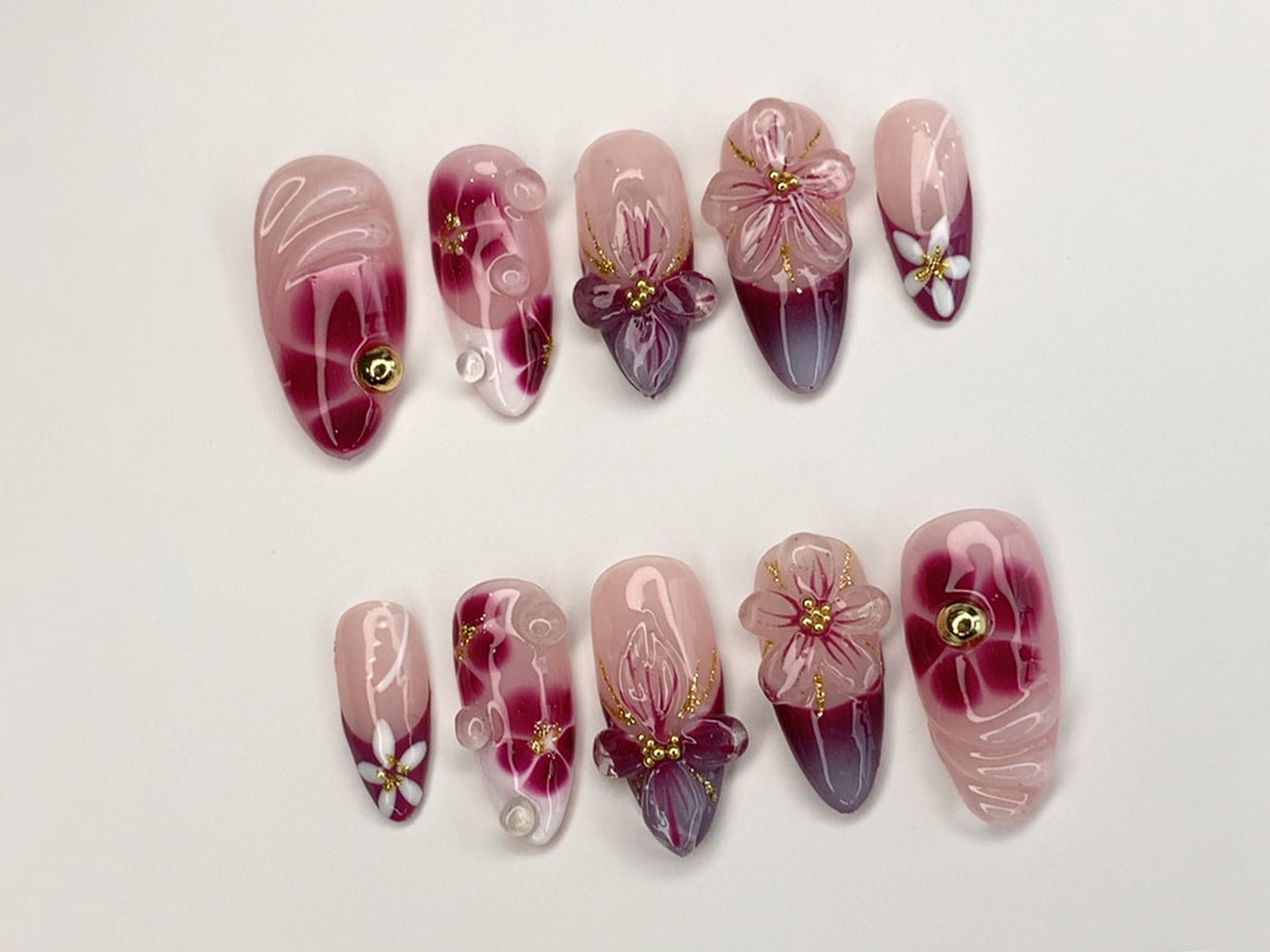 Elegant Floral Press-On Nails, Handcrafted Pink - Burgundy Gradient, 3D Flowers
