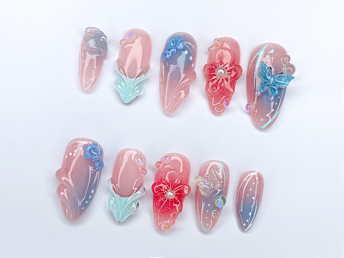 Secret Garden Press On Nails, Long Almond Flowers Nails, Butterfly Charms, Fairy Tale