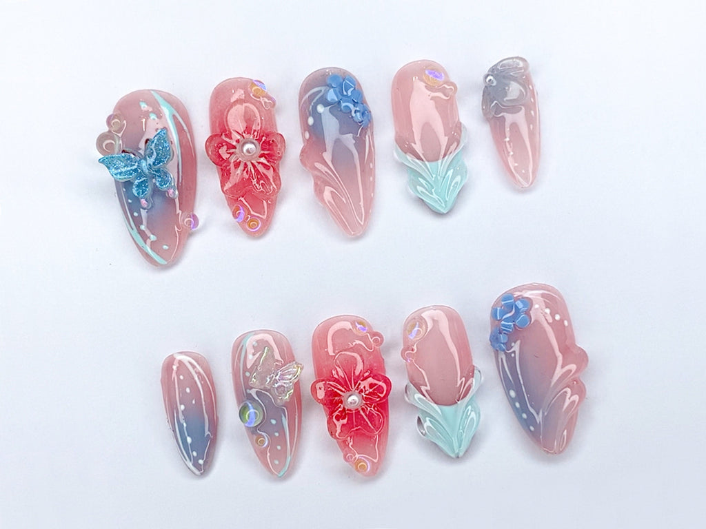 Secret Garden Press On Nails, Long Almond Flowers Nails, Butterfly Charms, Fairy Tale