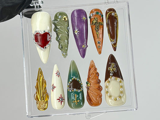 Royal-Inspired Press On Nails, Luxury Jeweled Nail charms, Luxurious Christmas and Holiday