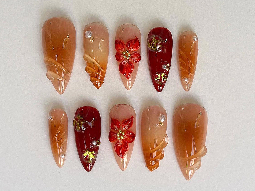 Custom Flower Fairycore Nails, Press On Nails Almond, Dreamy 3D Orchad Floral Press-Ons
