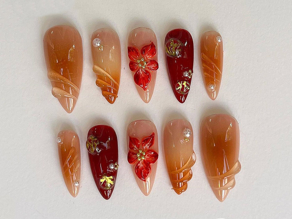 Custom Flower Fairycore Nails, Press On Nails Almond, Dreamy 3D Orchad Floral Press-Ons
