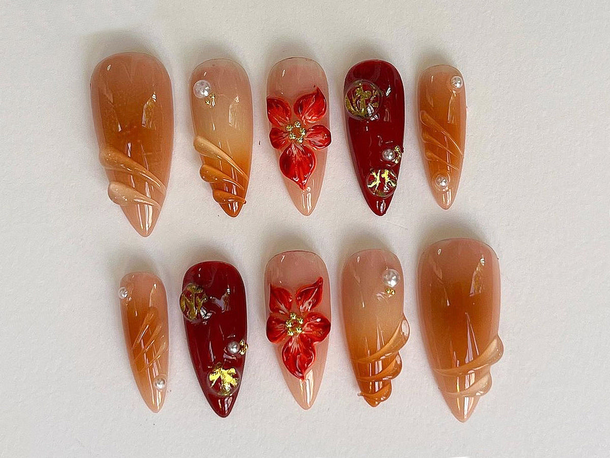 Custom Flower Fairycore Nails, Press On Nails Almond, Dreamy 3D Orchad Floral Press-Ons