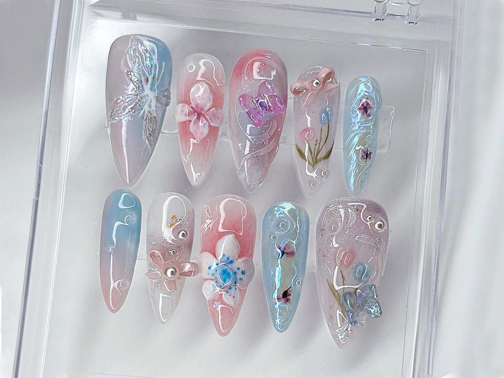 Enchanted Garden Press-On Nails, Floral and Butterfly 3D Nail Art, Handcrafted Fake Nails