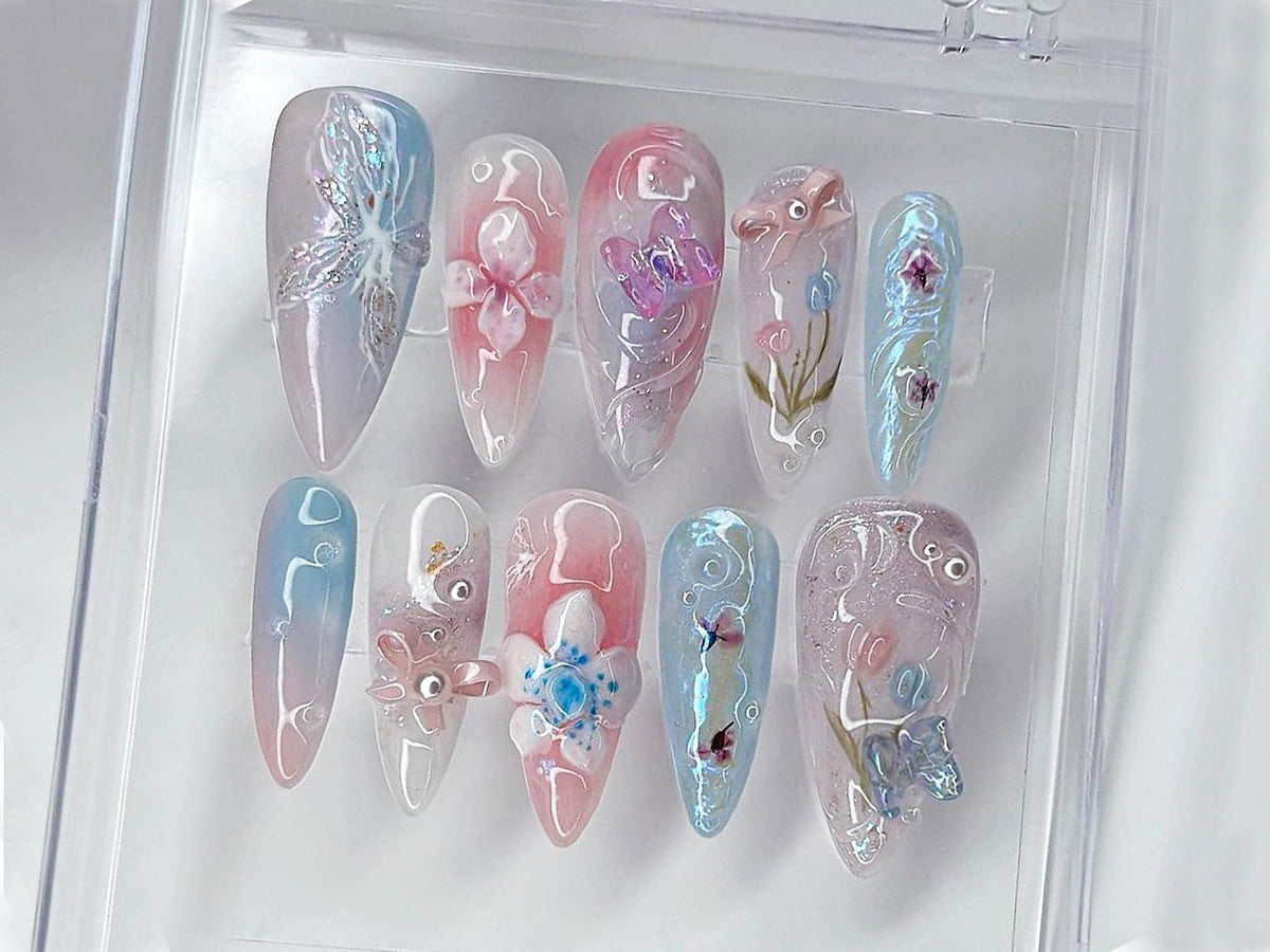 Enchanted Garden Press-On Nails, Floral and Butterfly 3D Nail Art, Handcrafted Fake Nails