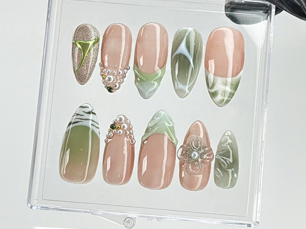 Green French Tips Press On Nails, Luxury False Nails with Floral and Leaf Designs, 3D