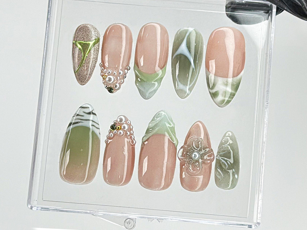 Green French Tips Press On Nails, Luxury False Nails with Floral and Leaf Designs, 3D