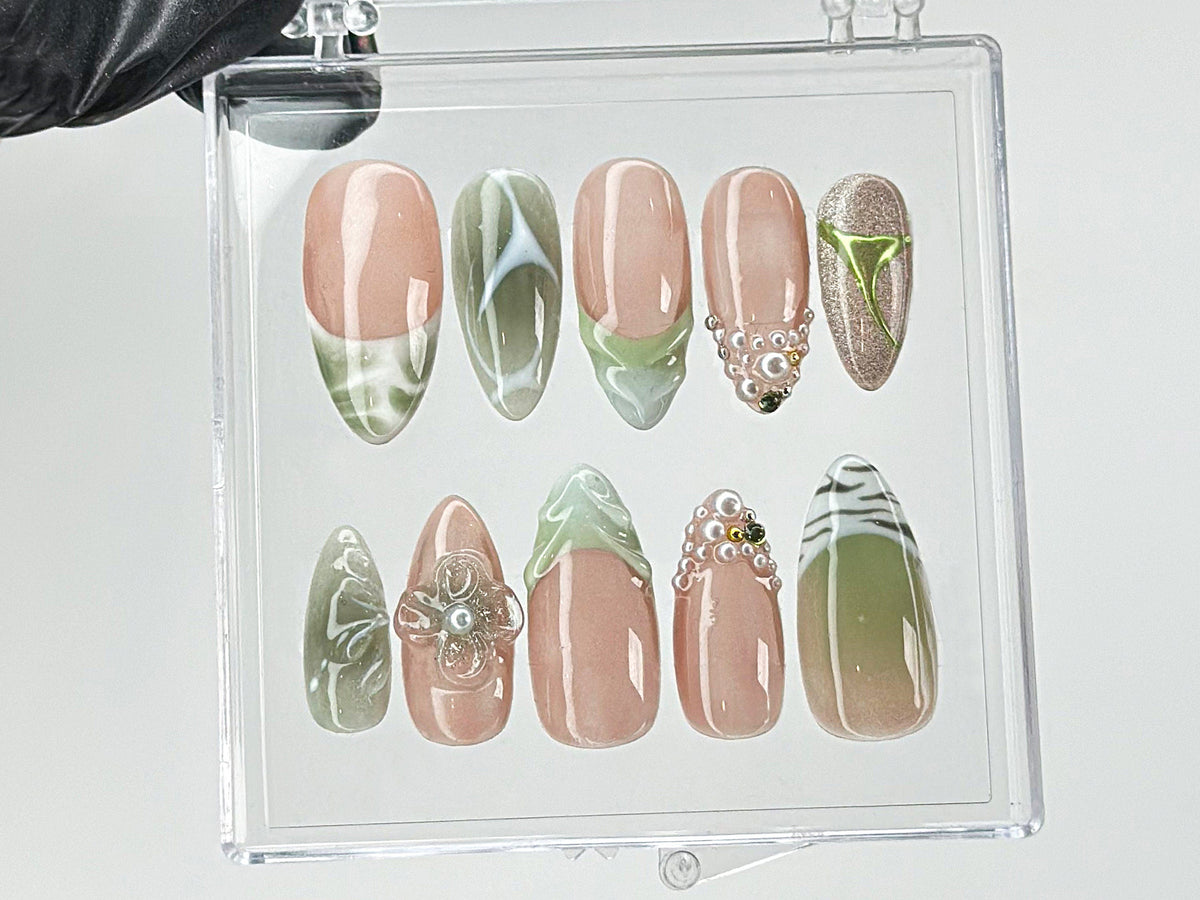 Green French Tips Press On Nails, Luxury False Nails with Floral and Leaf Designs, 3D