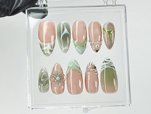 Green French Tips Press On Nails, Luxury False Nails with Floral and Leaf Designs, 3D