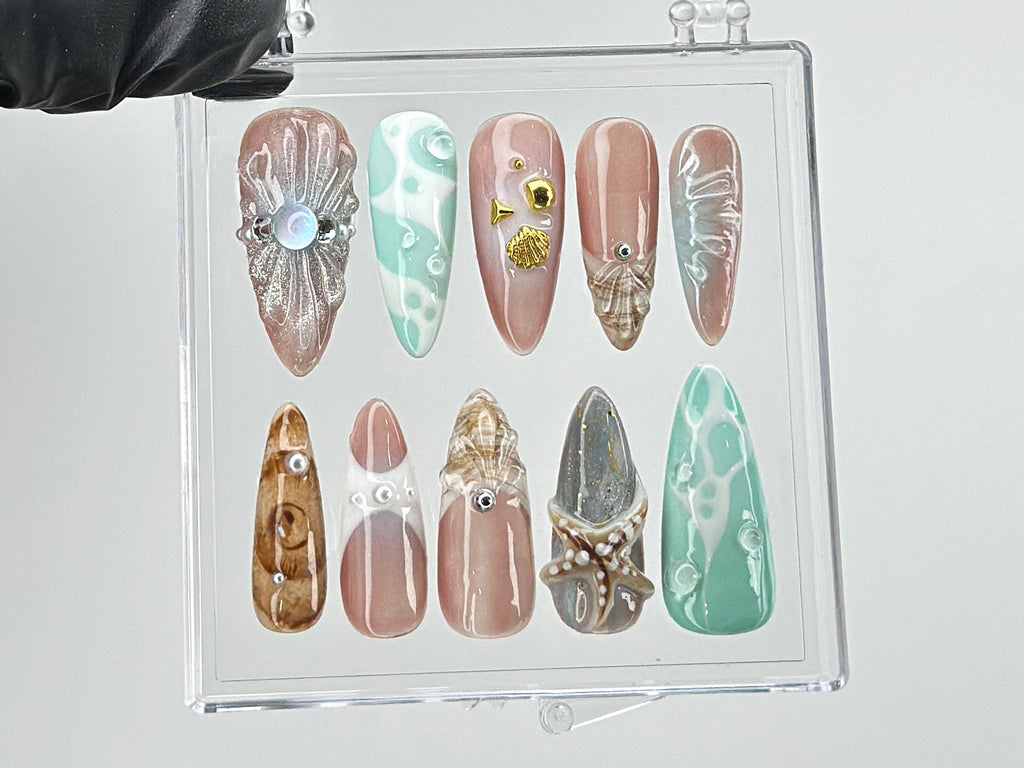 Ocean-Inspired Press On Nails with 3D Starfish, y2k nails, Ocean Nails, Fake Nails, summer