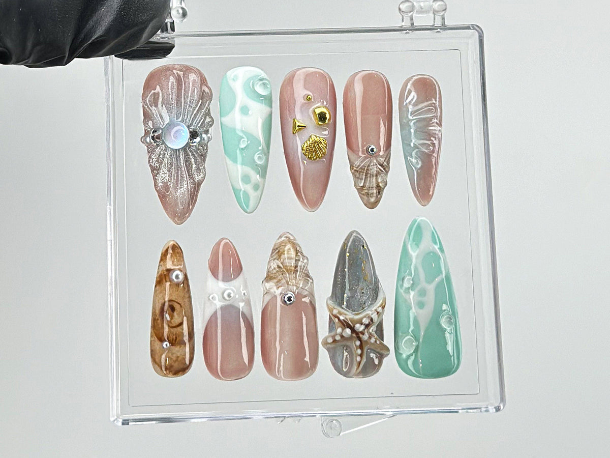 Ocean-Inspired Press On Nails with 3D Starfish, y2k nails, Ocean Nails, Fake Nails, summer