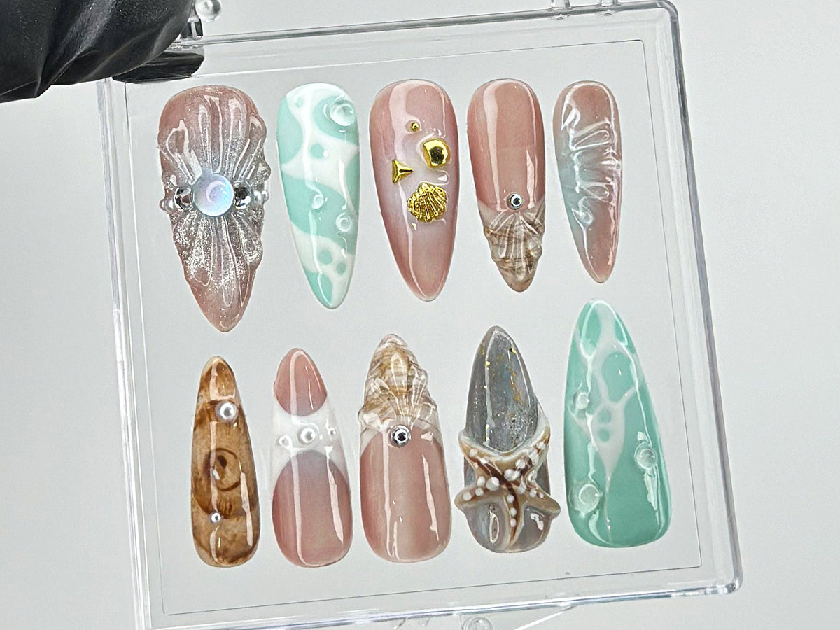 Ocean-Inspired Press On Nails with 3D Starfish, y2k nails, Ocean Nails, Fake Nails, summer