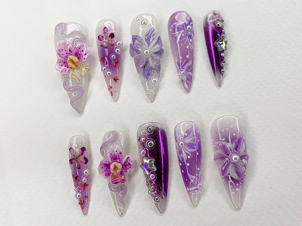 Fairy Tale Flower Long Almond Press On Nails, 3D Orchad Floral Fairycore Press-Ons