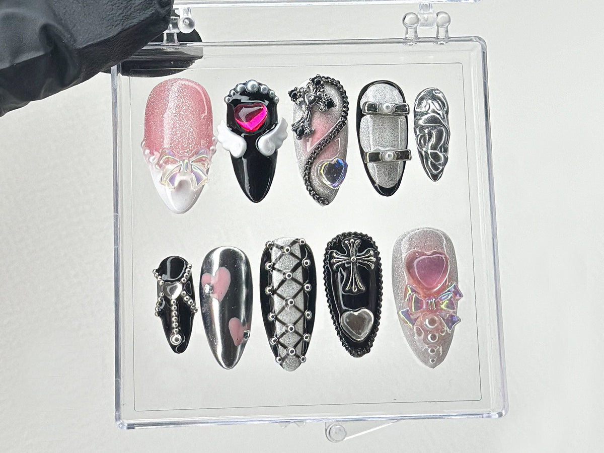 Gothic Glam Press-On Nails with 3D Jewels, Luxury Black & Silver Studded Fake Nails