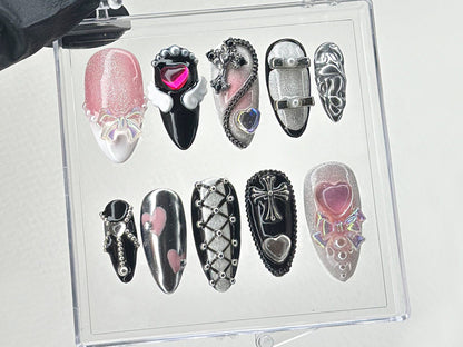 Gothic Glam Press-On Nails with 3D Jewels, Luxury Black & Silver Studded Fake Nails