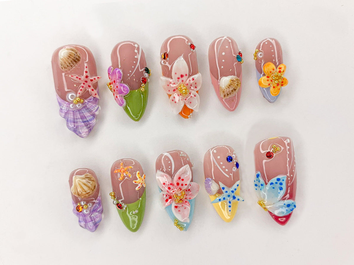 Ocean Bliss Press On Nails, Seashell & Starfish Nail Art, 3D Jelly Orchids Nail Art, Beach