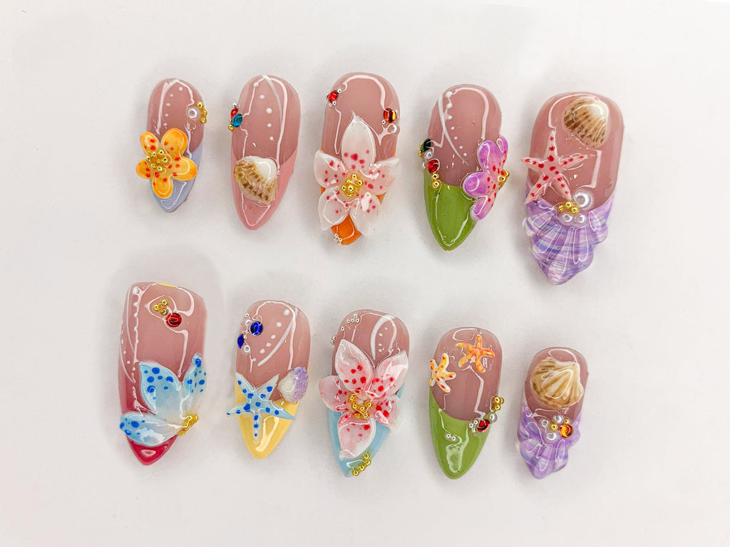 Ocean Bliss Press On Nails, Seashell & Starfish Nail Art, 3D Jelly Orchids Nail Art, Beach