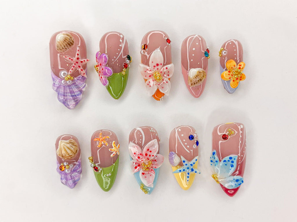 Ocean Bliss Press On Nails, Seashell & Starfish Nail Art, 3D Jelly Orchids Nail Art, Beach