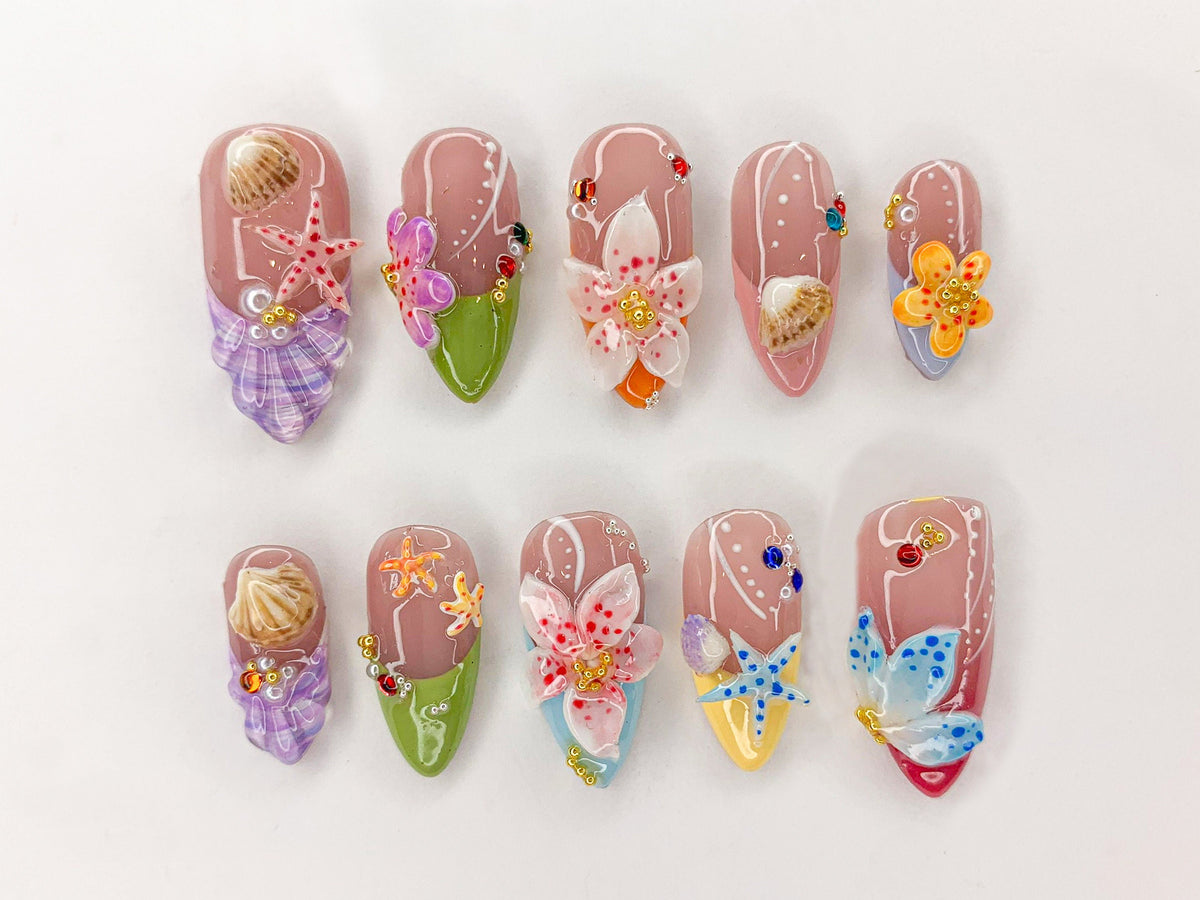 Ocean Bliss Press On Nails, Seashell & Starfish Nail Art, 3D Jelly Orchids Nail Art, Beach