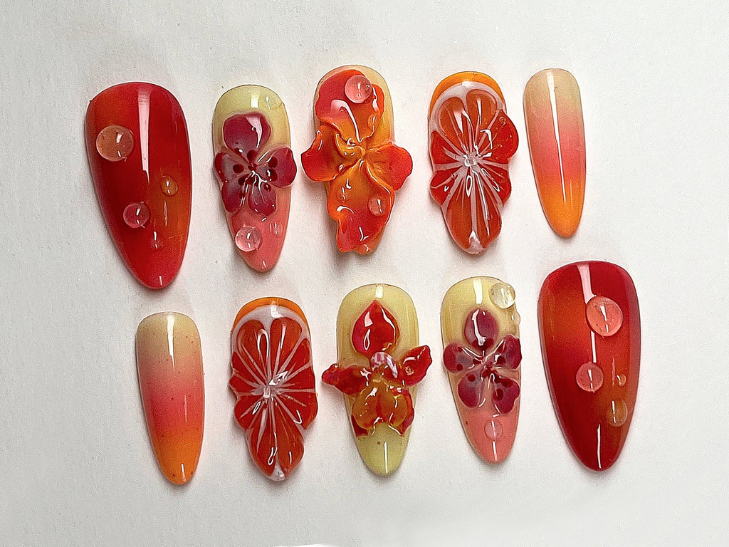 Summer Blossom Press On Nails, Tropical Sunset 3D Gel Floral Ombre Nail Art, Custom