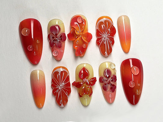 Summer Blossom Press On Nails, Tropical Sunset 3D Gel Floral Ombre Nail Art, Custom