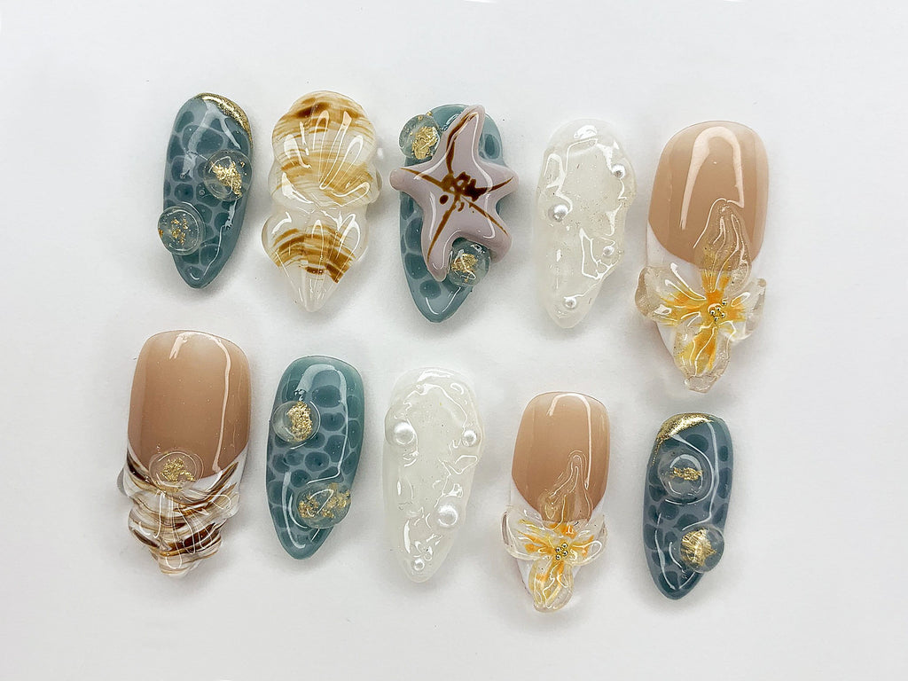 Ocean-Inspired Press On Nails Almond, 3D Beach Theme with Seashells and Starfish, Handmade