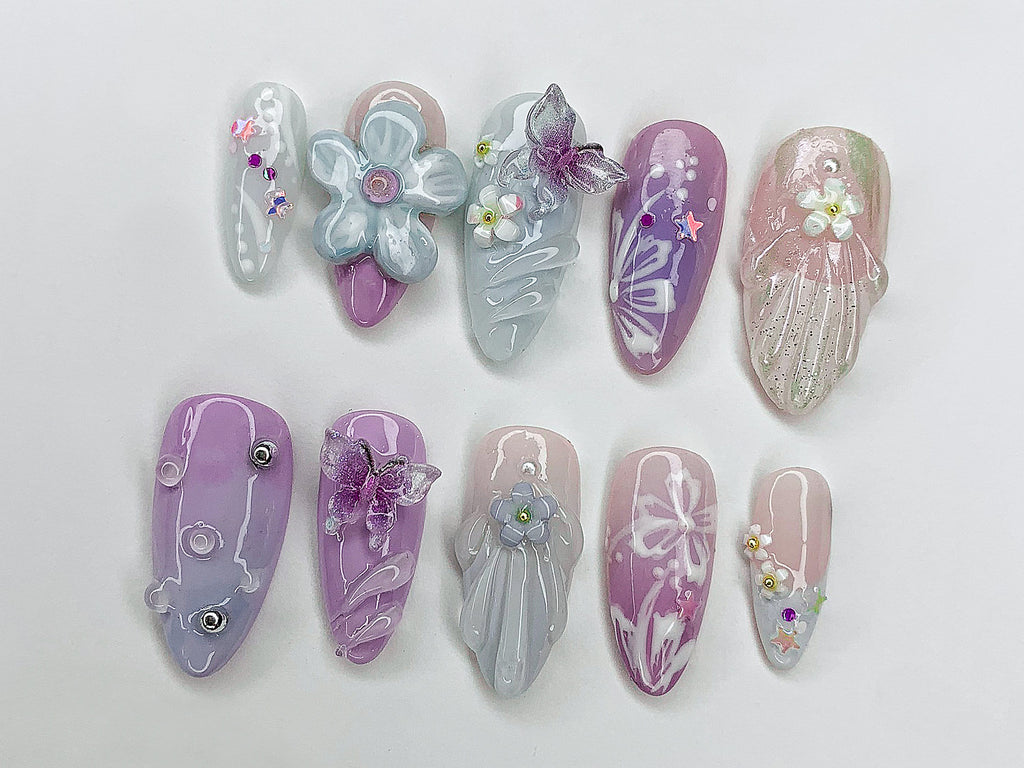 Dreamy Colorful Press On Nails, Summer Vibes with 3D Flower, Butterfly, Mermaid Designs