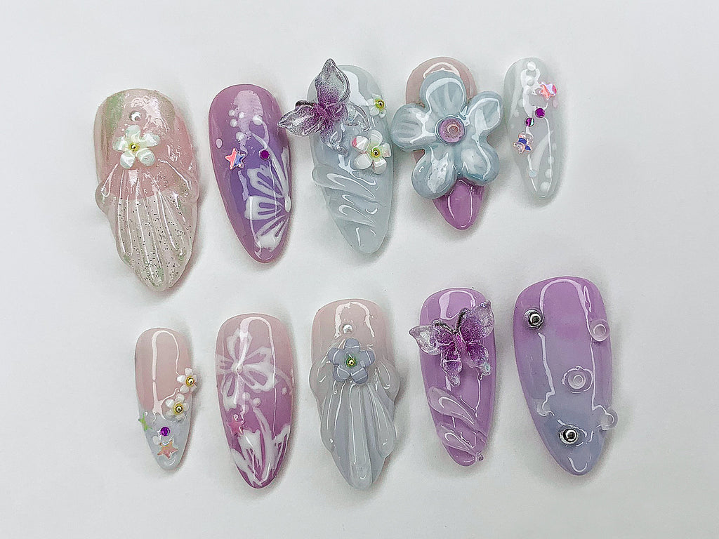 Dreamy Colorful Press On Nails, Summer Vibes with 3D Flower, Butterfly, Mermaid Designs