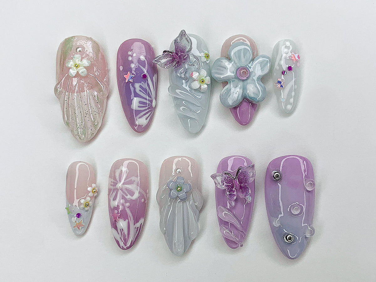 Dreamy Colorful Press On Nails, Summer Vibes with 3D Flower, Butterfly, Mermaid Designs
